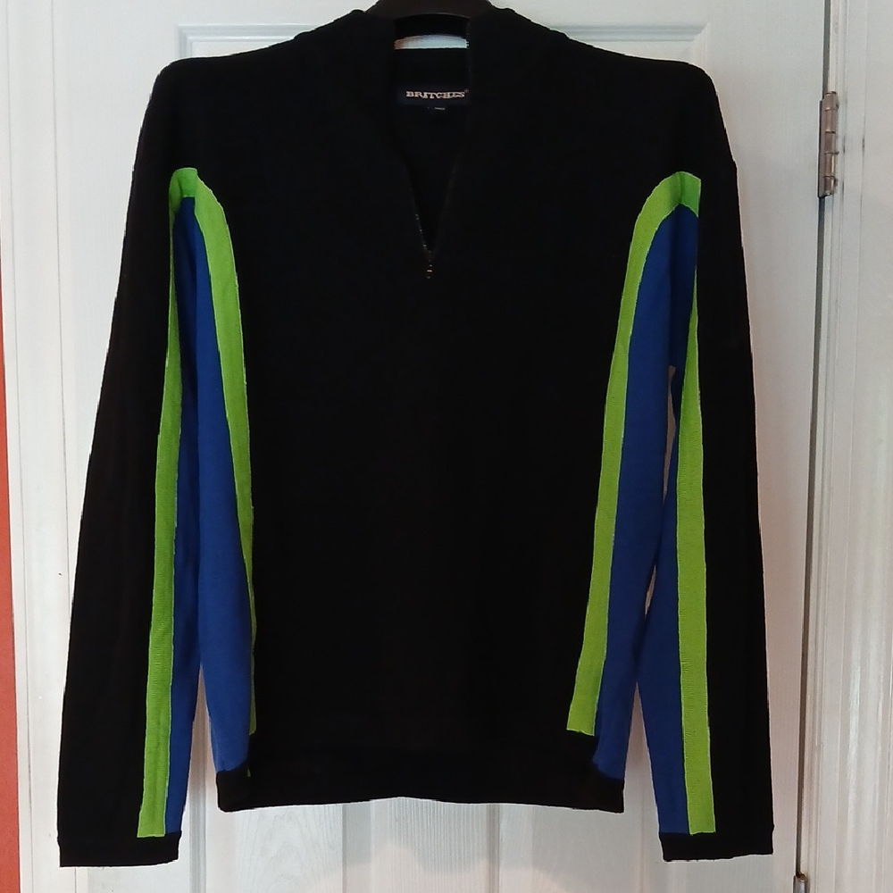 Stylish Black Zip-Up Sweater with Green and Blue Stripes